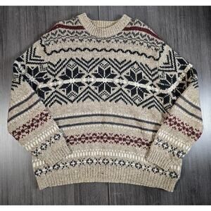 Vintage Eddie Bauer Sweater Mens XL Beige Wool Fisherman Fair Isle Snowflake